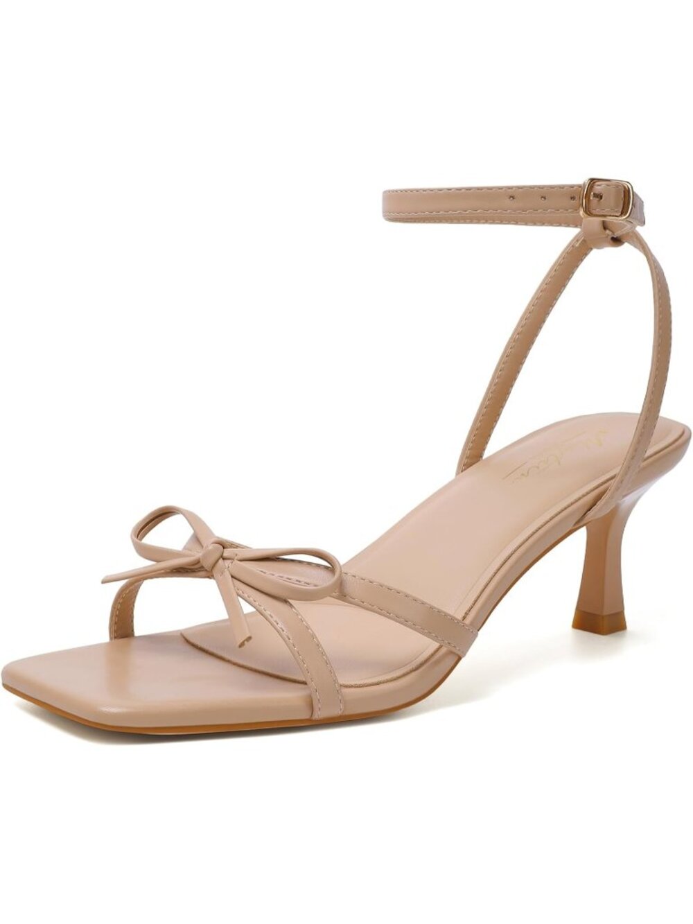 Women's Nude Bow Sandals Strappy Heel Ankle Strap Lace Up Square Open Toe Heels